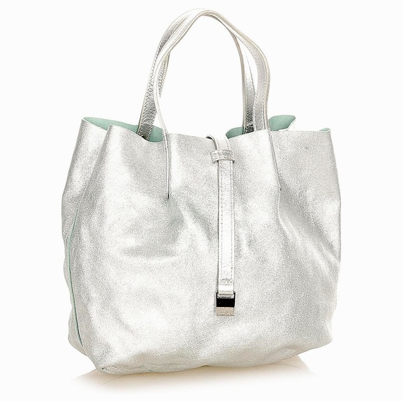 Tiffany & Co Tiffany Silver Metallic Leather Reversible Suede Tote Preowned
